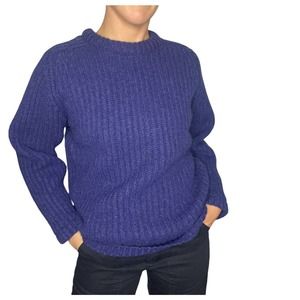 Shetland Wool Knitwear Crew Neck Cable Knit Patterned Sweater in Navy, Men's M